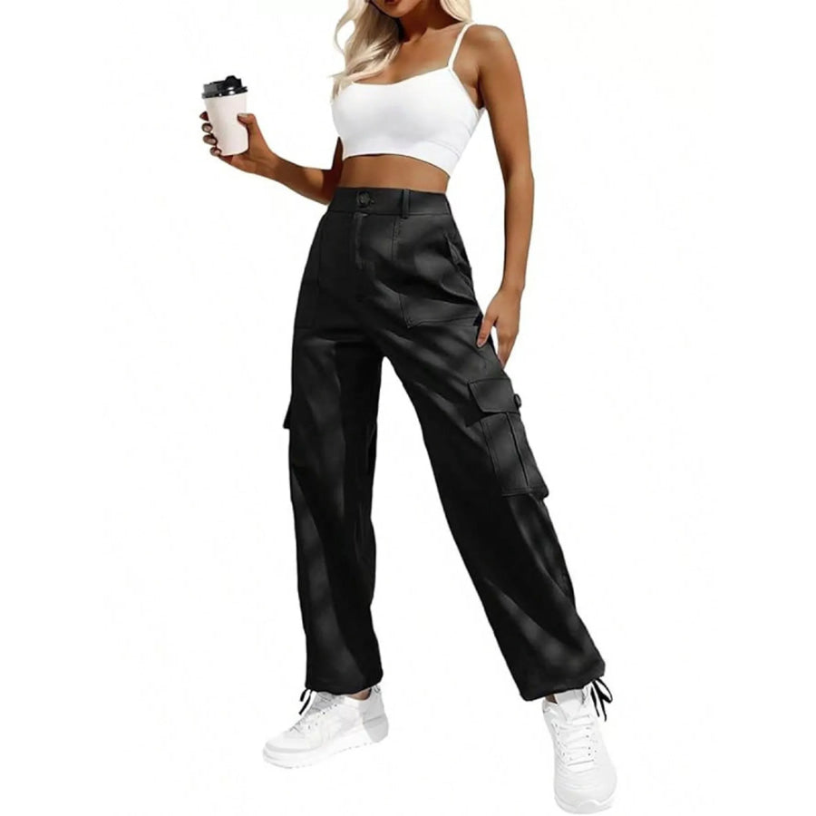 High-Waisted Cargo Pants with Drawstring Cuffs Black / XS Apparel and Accessories