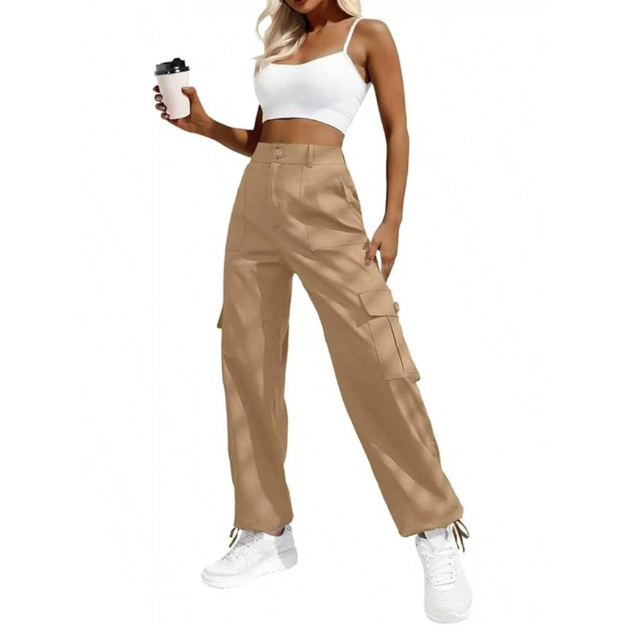 High-Waisted Cargo Pants with Drawstring Cuffs Khaki / XS Apparel and Accessories