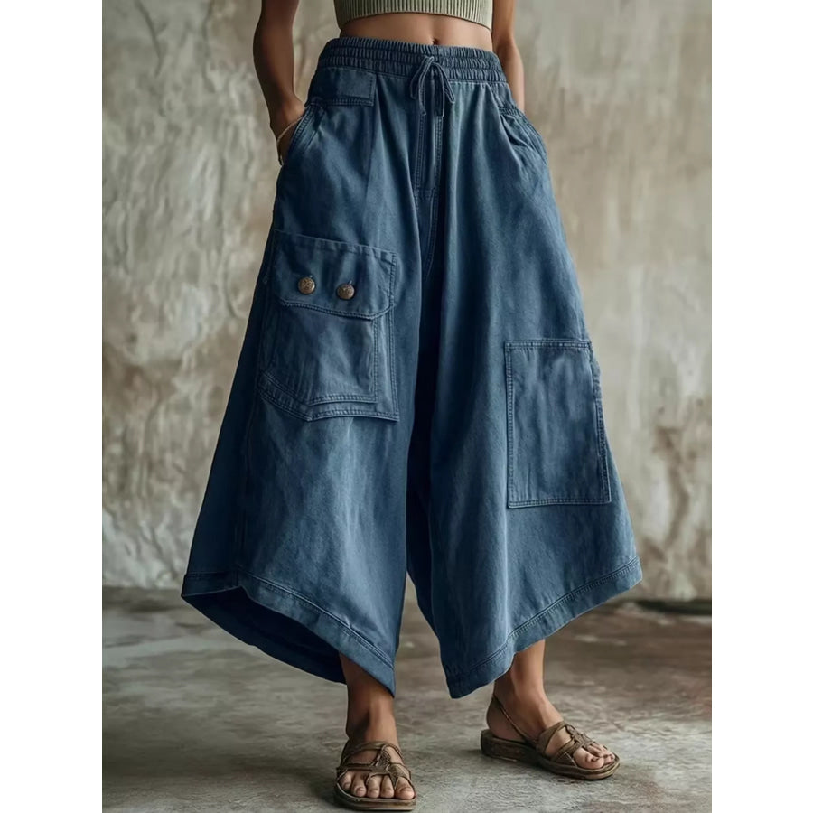 High-Waisted Cargo Wide-Leg Cropped Pants Dusty Blue / S