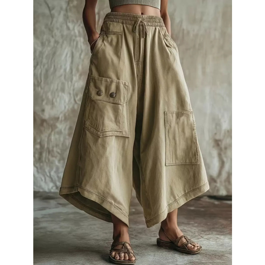High-Waisted Cargo Wide-Leg Cropped Pants Khaki / S