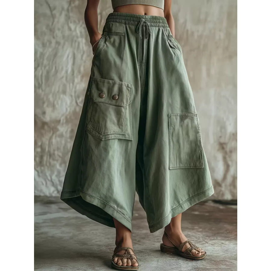 High-Waisted Cargo Wide-Leg Cropped Pants Sage / S