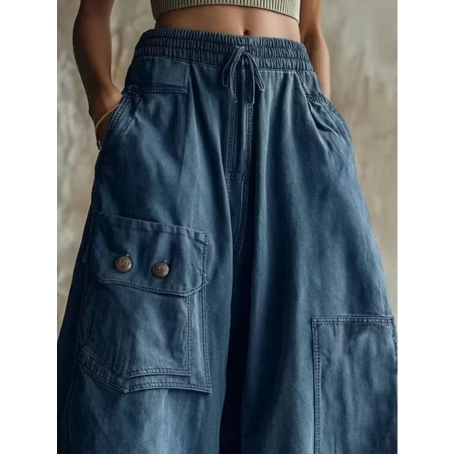 High-Waisted Cargo Wide-Leg Cropped Pants
