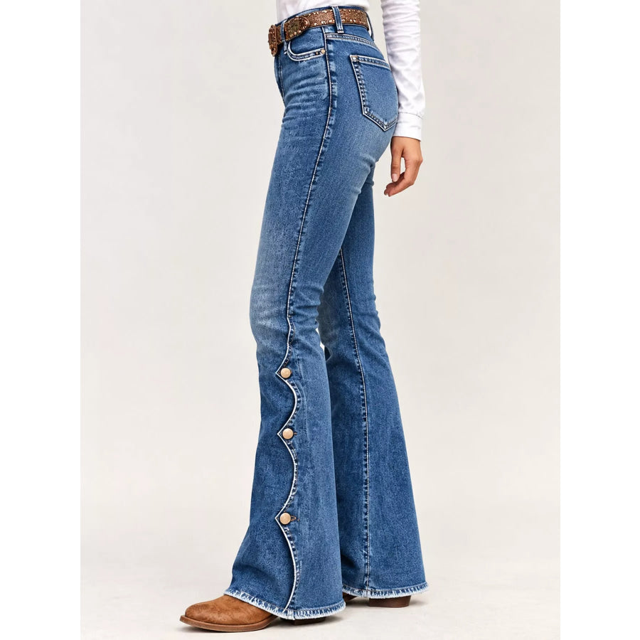 High-Waisted Decorative Button-Side Flare Jeans Apparel and Accessories