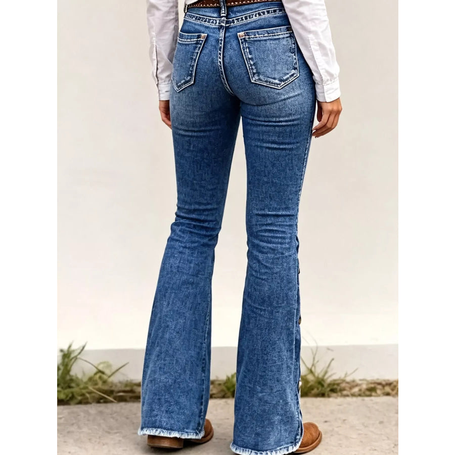 High-Waisted Decorative Button-Side Flare Jeans Apparel and Accessories