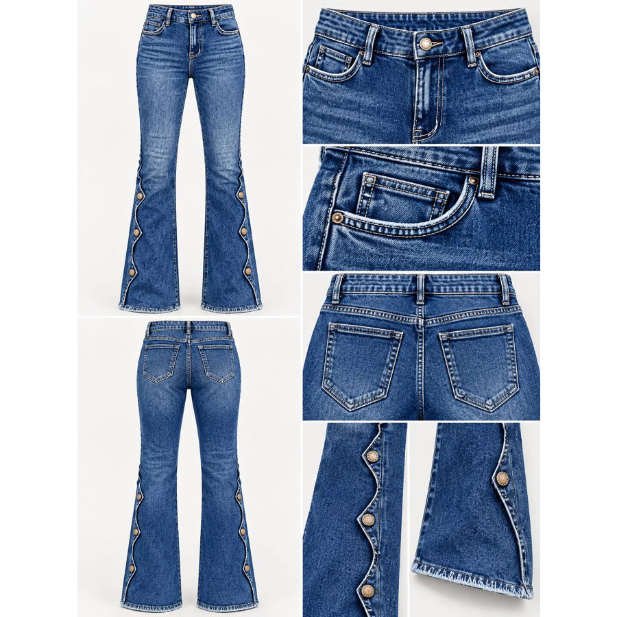 High-Waisted Decorative Button-Side Flare Jeans Apparel and Accessories