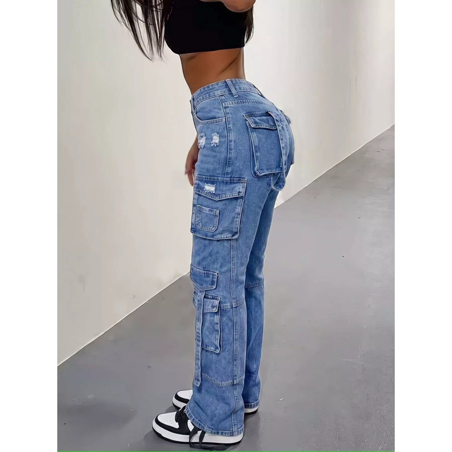 High-Waisted Distressed Cargo Jeans Apparel and Accessories