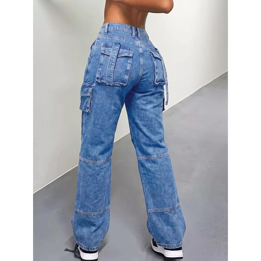 High-Waisted Distressed Cargo Jeans Apparel and Accessories