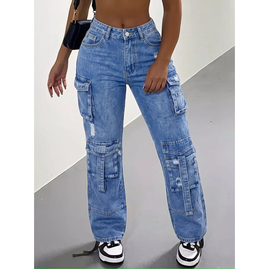 High-Waisted Distressed Cargo Jeans Dark Blue / S Apparel and Accessories