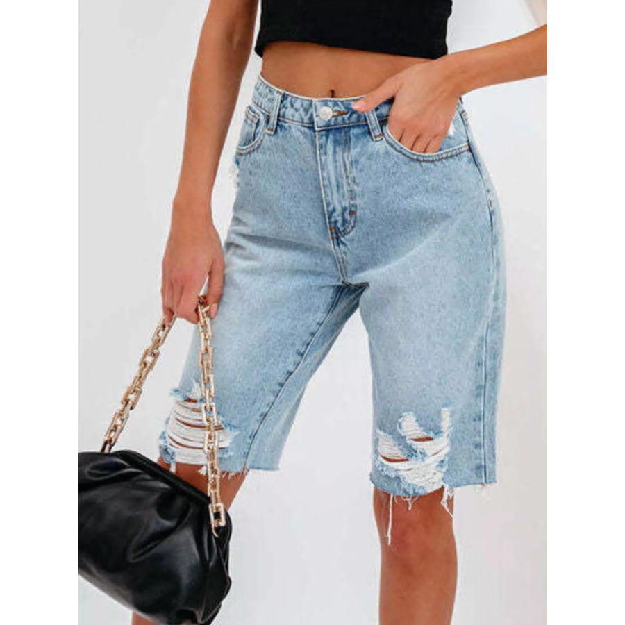 High-Waisted Distressed Denim Shorts Blue / S Apparel and Accessories