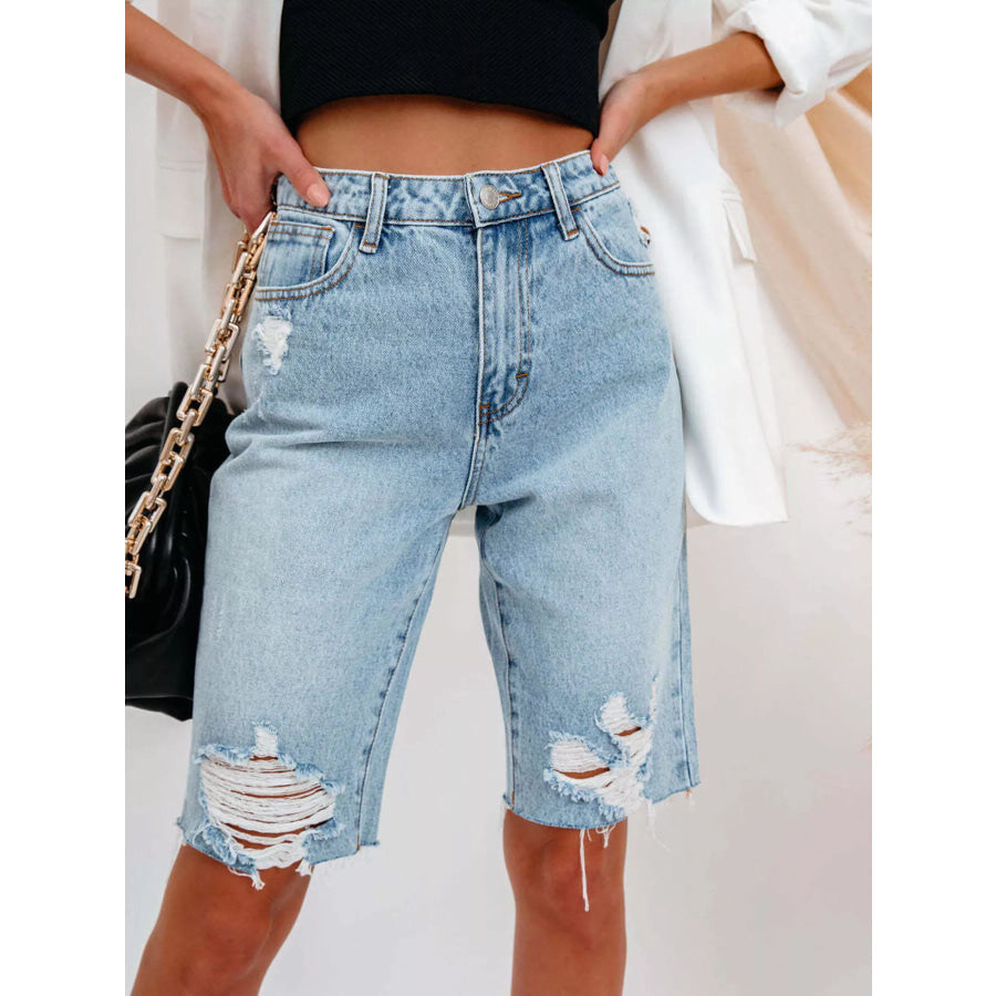High-Waisted Distressed Denim Shorts Blue / S Apparel and Accessories