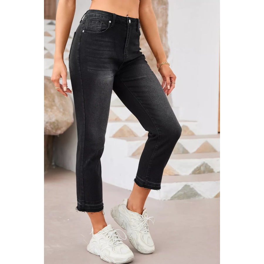 High-Waisted Distressed Hem Straight Leg Jeans Apparel and Accessories