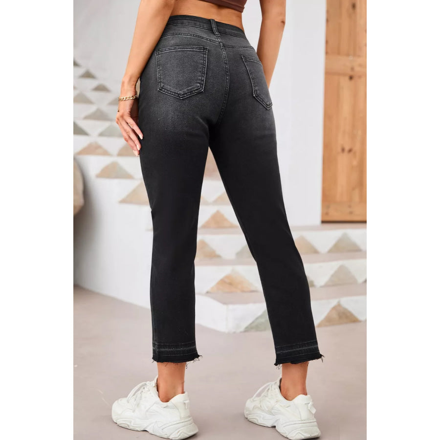 High-Waisted Distressed Hem Straight Leg Jeans Apparel and Accessories