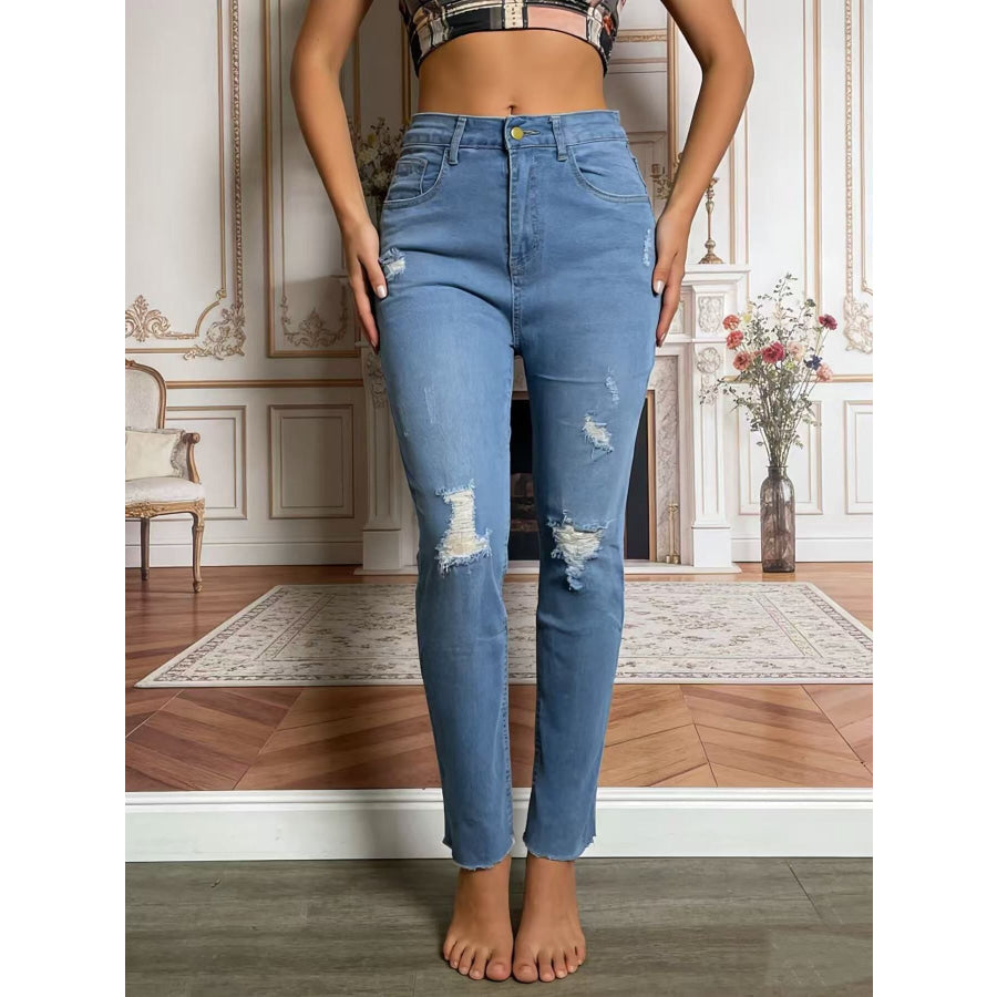 High-Waisted Distressed Jeans Apparel and Accessories