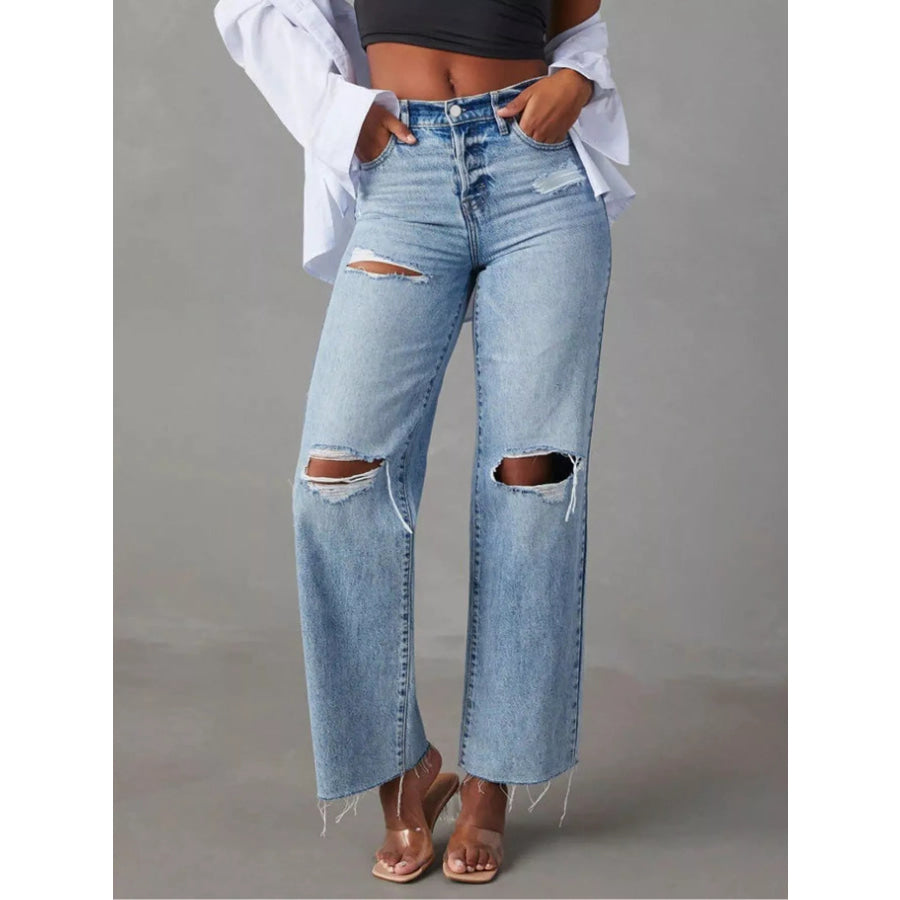 High-Waisted Distressed Jeans Apparel and Accessories