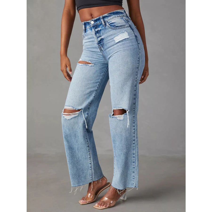 High-Waisted Distressed Jeans Apparel and Accessories