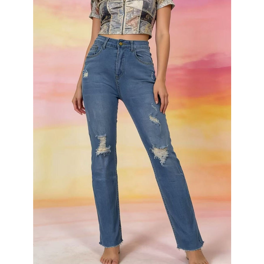 High-Waisted Distressed Jeans Apparel and Accessories