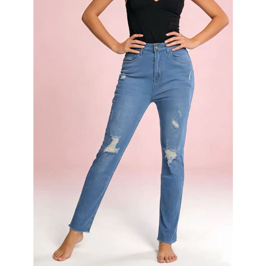 High-Waisted Distressed Jeans Apparel and Accessories