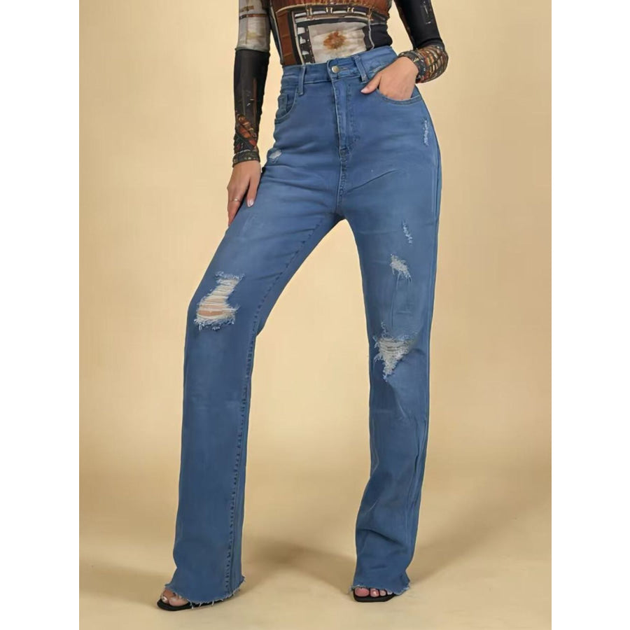 High-Waisted Distressed Jeans Apparel and Accessories