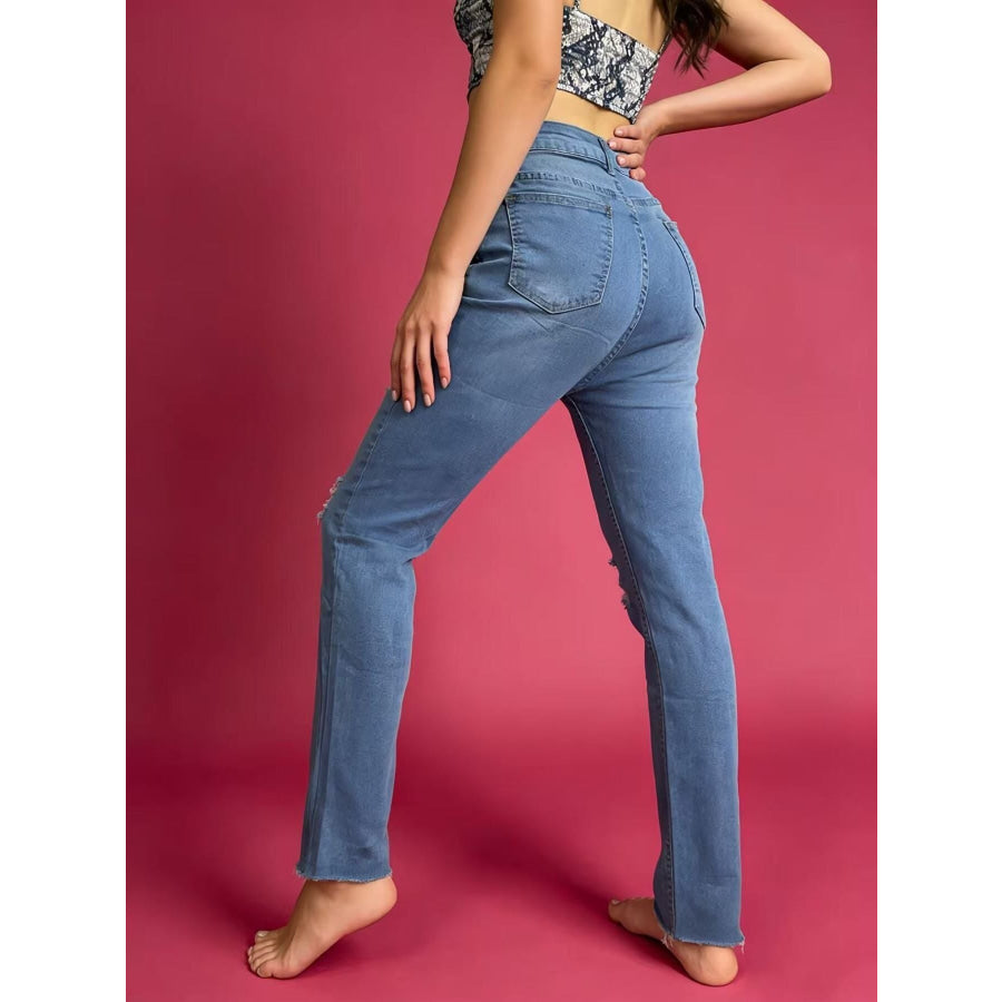 High-Waisted Distressed Jeans Apparel and Accessories