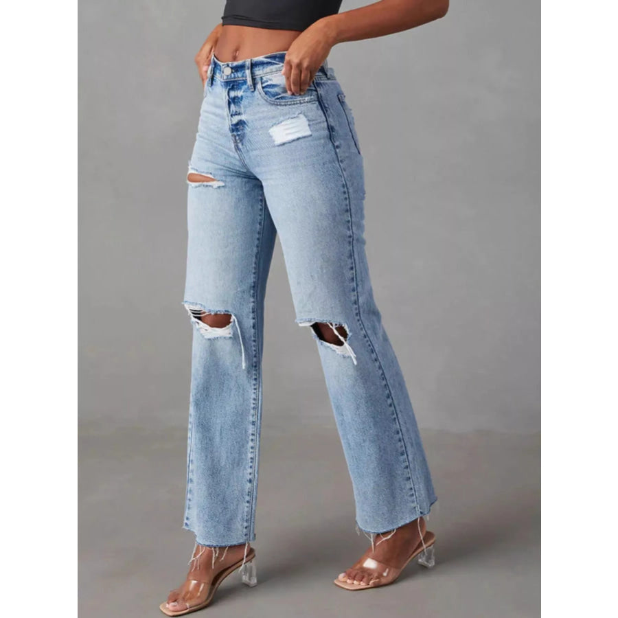 High-Waisted Distressed Jeans Blue / S Apparel and Accessories