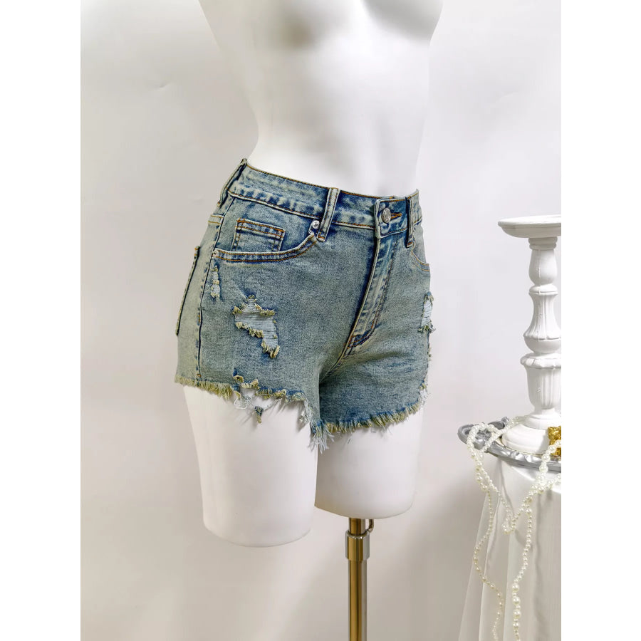 High-Waisted Distressed Raw Hem Denim Shorts Apparel and Accessories