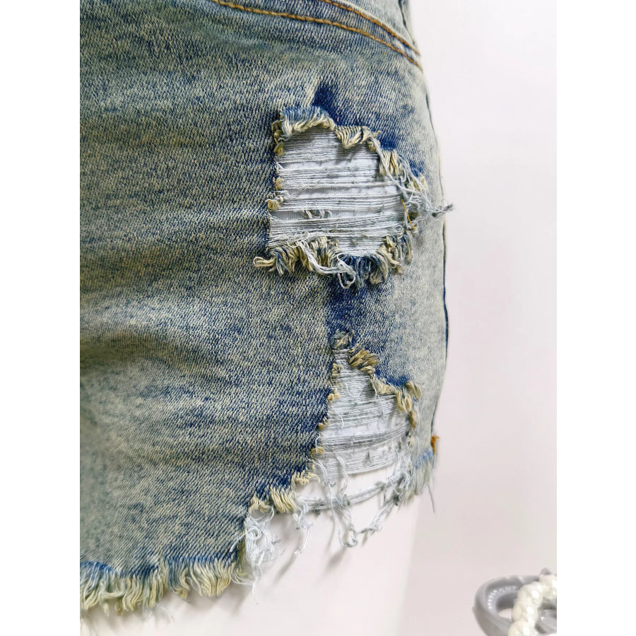 High-Waisted Distressed Raw Hem Denim Shorts Apparel and Accessories