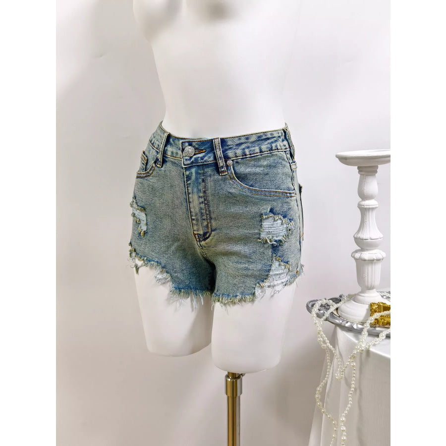 High-Waisted Distressed Raw Hem Denim Shorts Apparel and Accessories