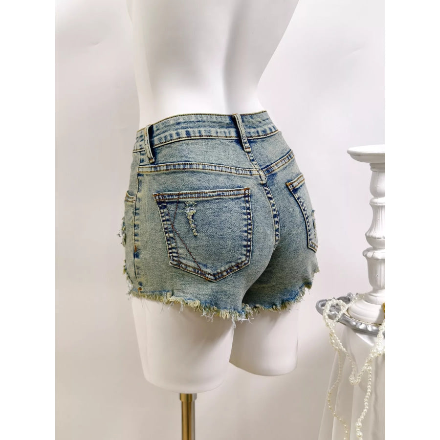 High-Waisted Distressed Raw Hem Denim Shorts Apparel and Accessories