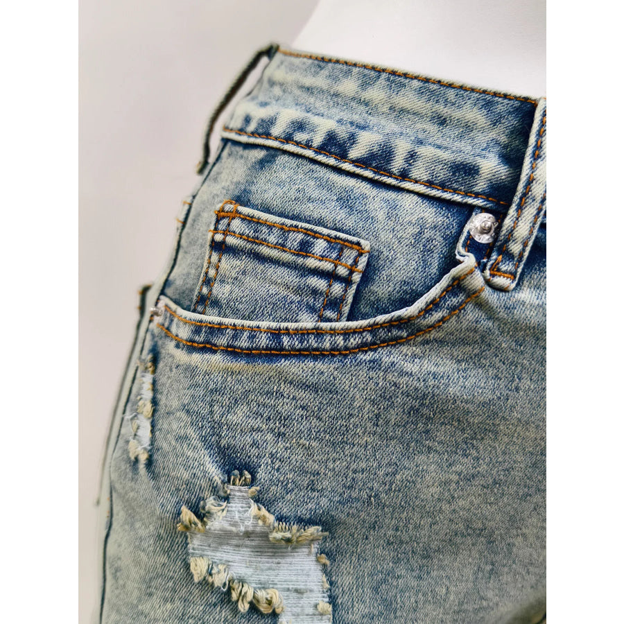 High-Waisted Distressed Raw Hem Denim Shorts Apparel and Accessories