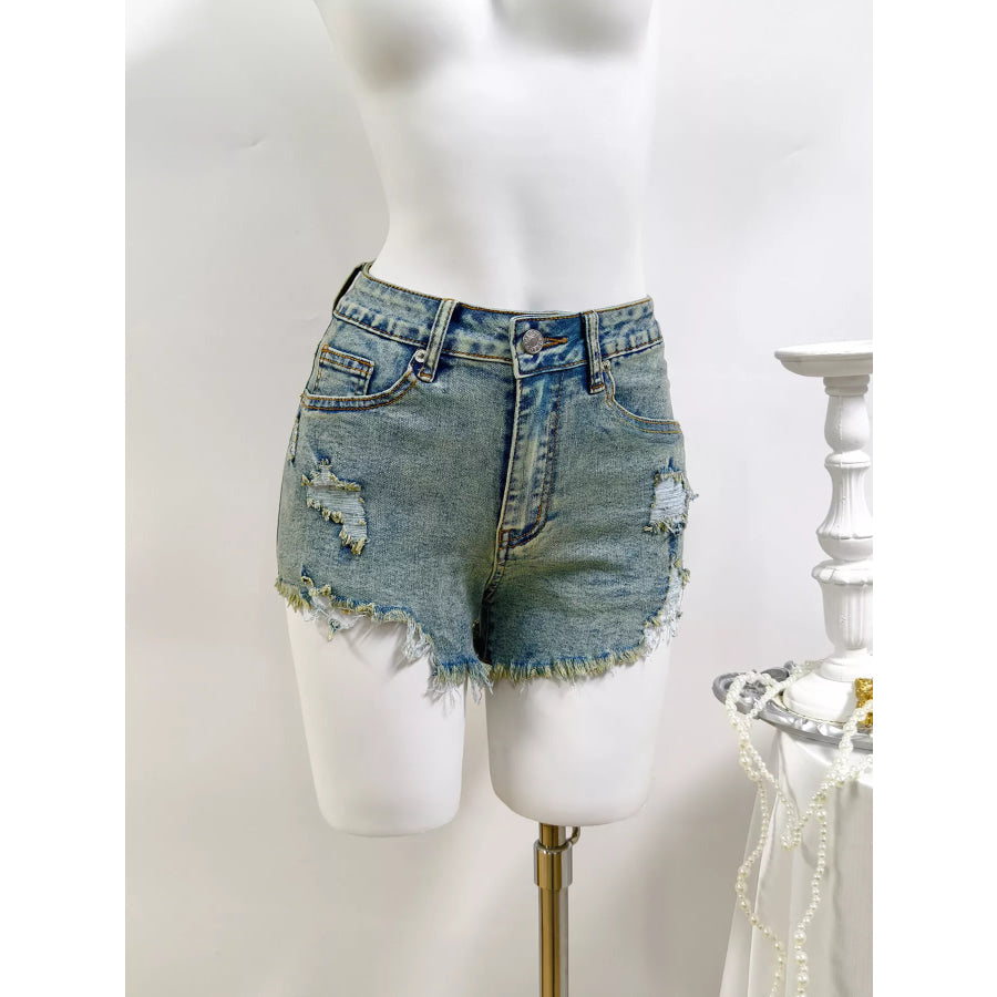 High-Waisted Distressed Raw Hem Denim Shorts Light / S Apparel and Accessories