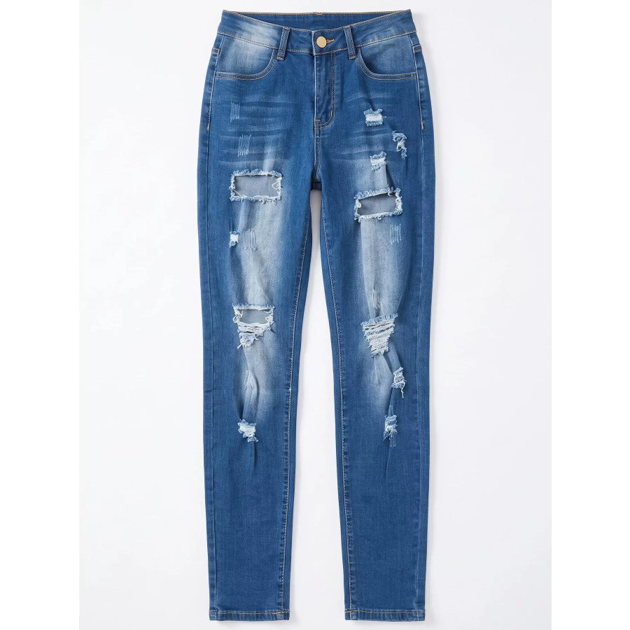 High-Waisted Distressed Skinny Jeans Apparel and Accessories