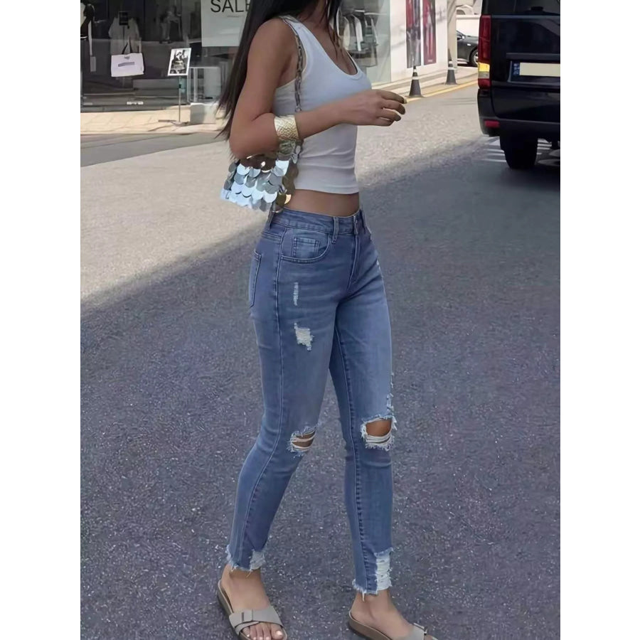 High-Waisted Distressed Skinny Jeans Apparel and Accessories