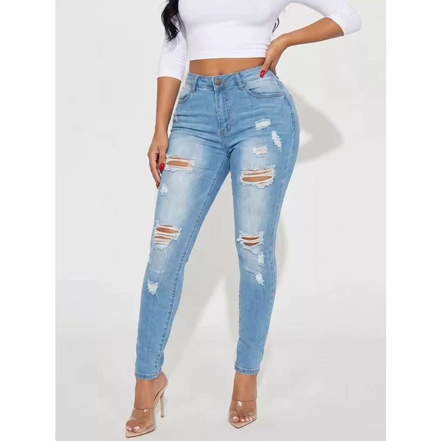 High-Waisted Distressed Skinny Jeans Light Blue / S Apparel and Accessories