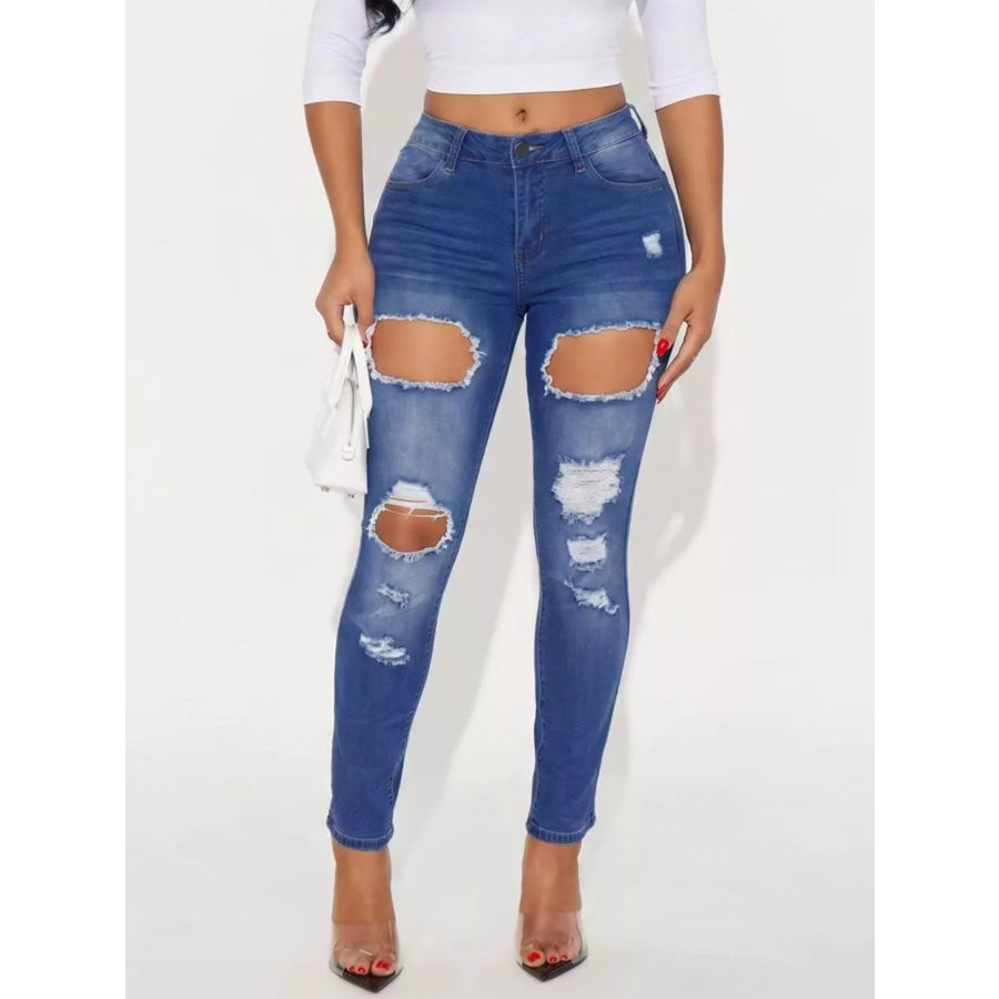 High-Waisted Distressed Skinny Jeans Peacock Blue / S Apparel and Accessories