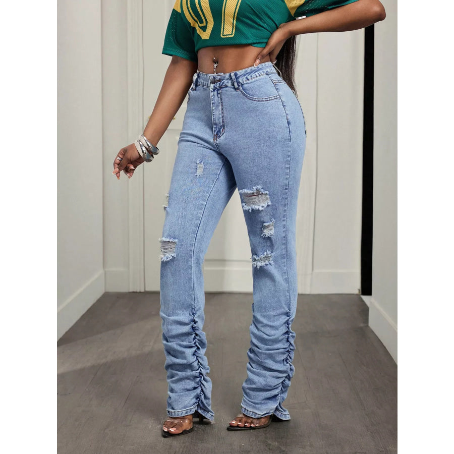 High-Waisted Distressed Stacked Hem Jeans Apparel and Accessories