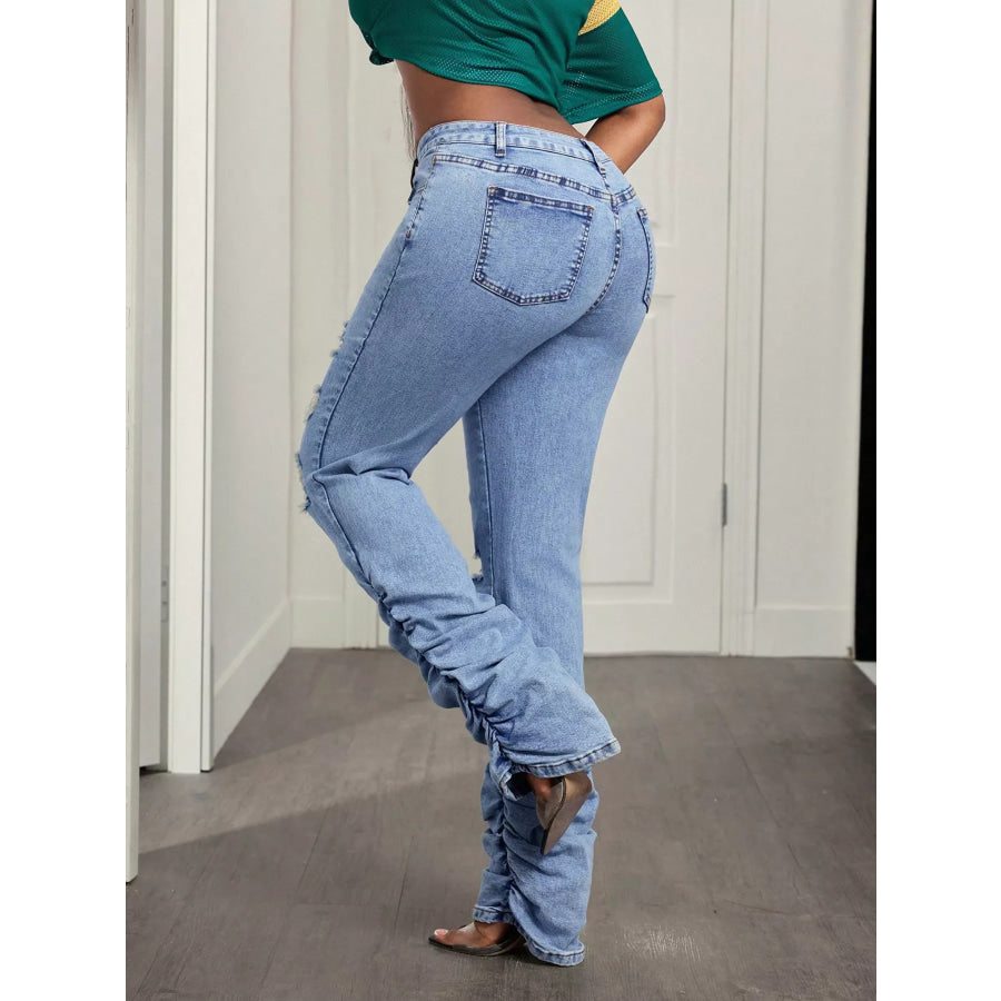 High-Waisted Distressed Stacked Hem Jeans Apparel and Accessories
