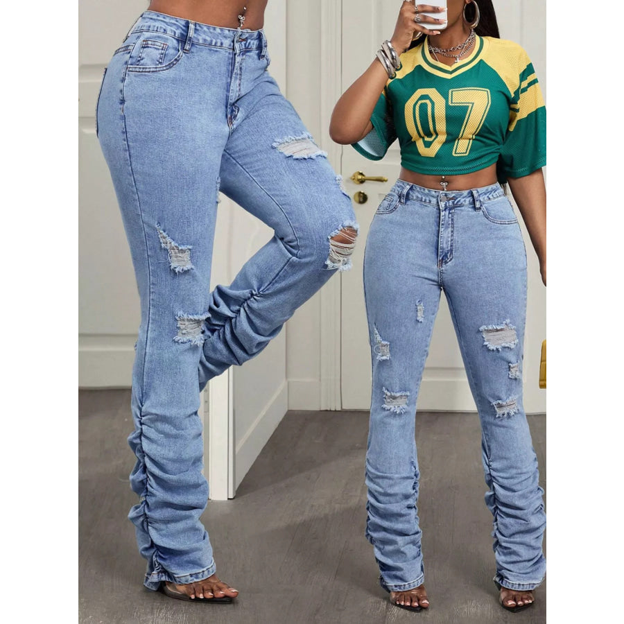 High-Waisted Distressed Stacked Hem Jeans Blue / S（26） Apparel and Accessories