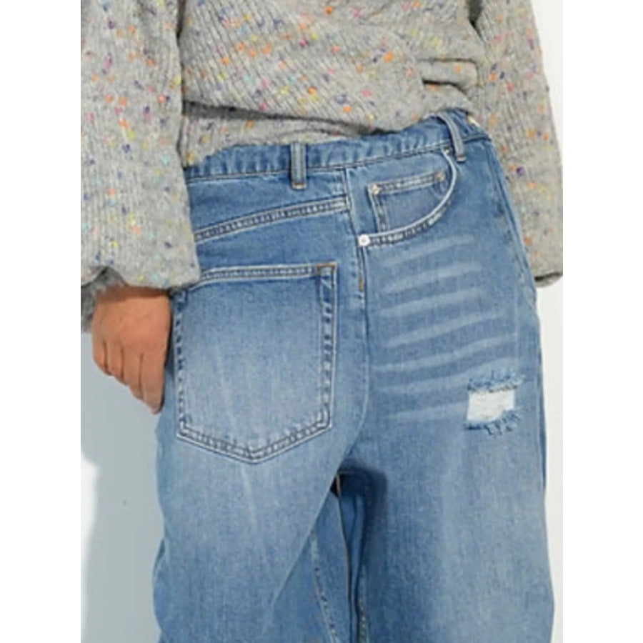 High-Waisted Distressed Wide-Leg Denim Jeans Apparel and Accessories