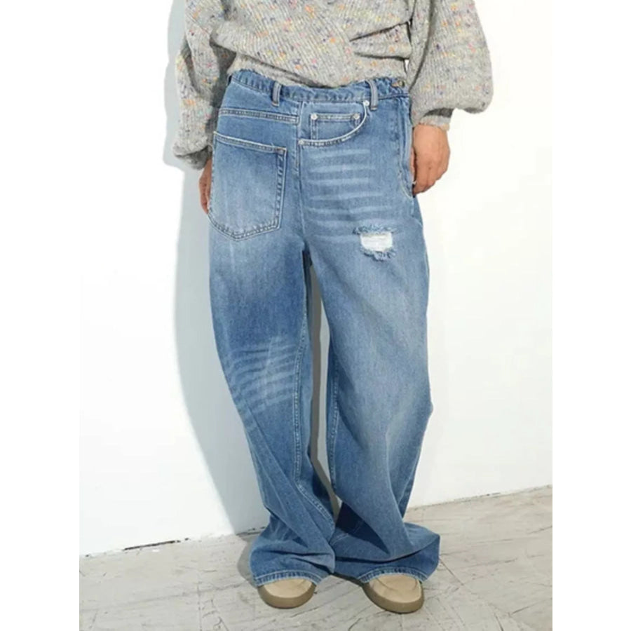 High-Waisted Distressed Wide-Leg Denim Jeans Apparel and Accessories