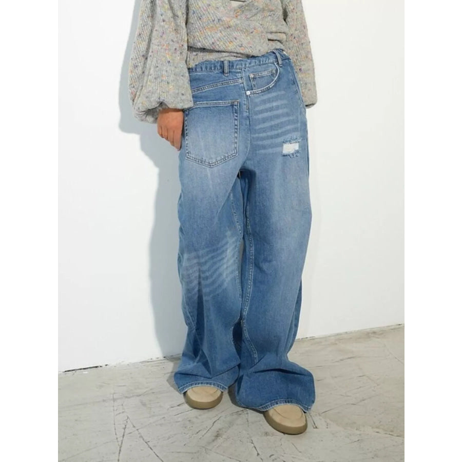 High-Waisted Distressed Wide-Leg Denim Jeans Blue / S Apparel and Accessories