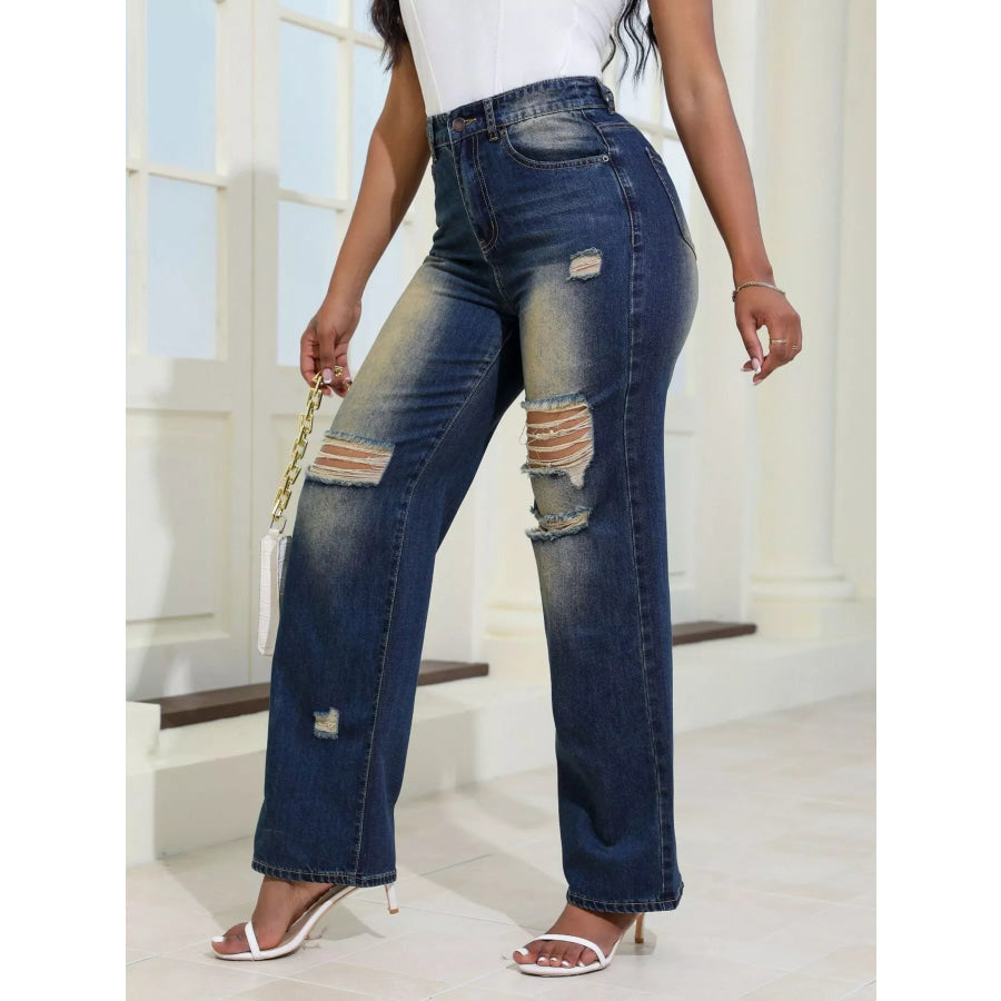High-Waisted Distressed Wide-Leg Jeans Apparel and Accessories