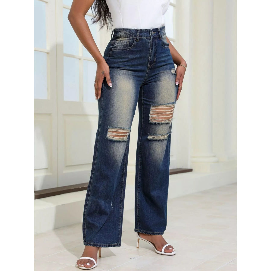 High-Waisted Distressed Wide-Leg Jeans Apparel and Accessories