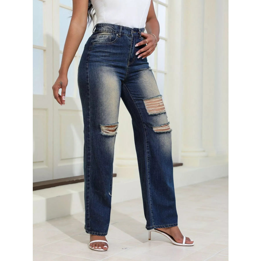 High-Waisted Distressed Wide-Leg Jeans Apparel and Accessories