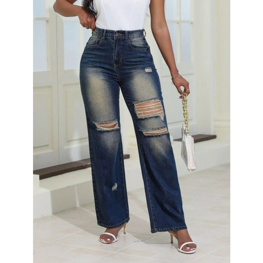High-Waisted Distressed Wide-Leg Jeans Apparel and Accessories