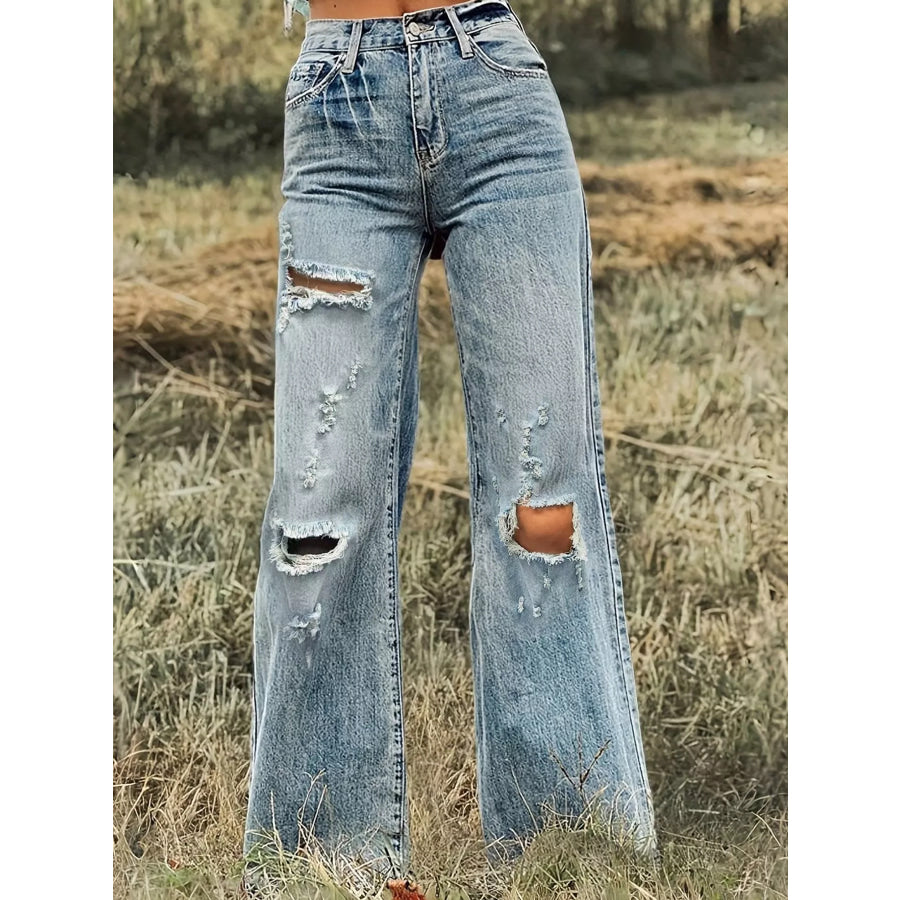 High-Waisted Distressed Wide-Leg Jeans Apparel and Accessories