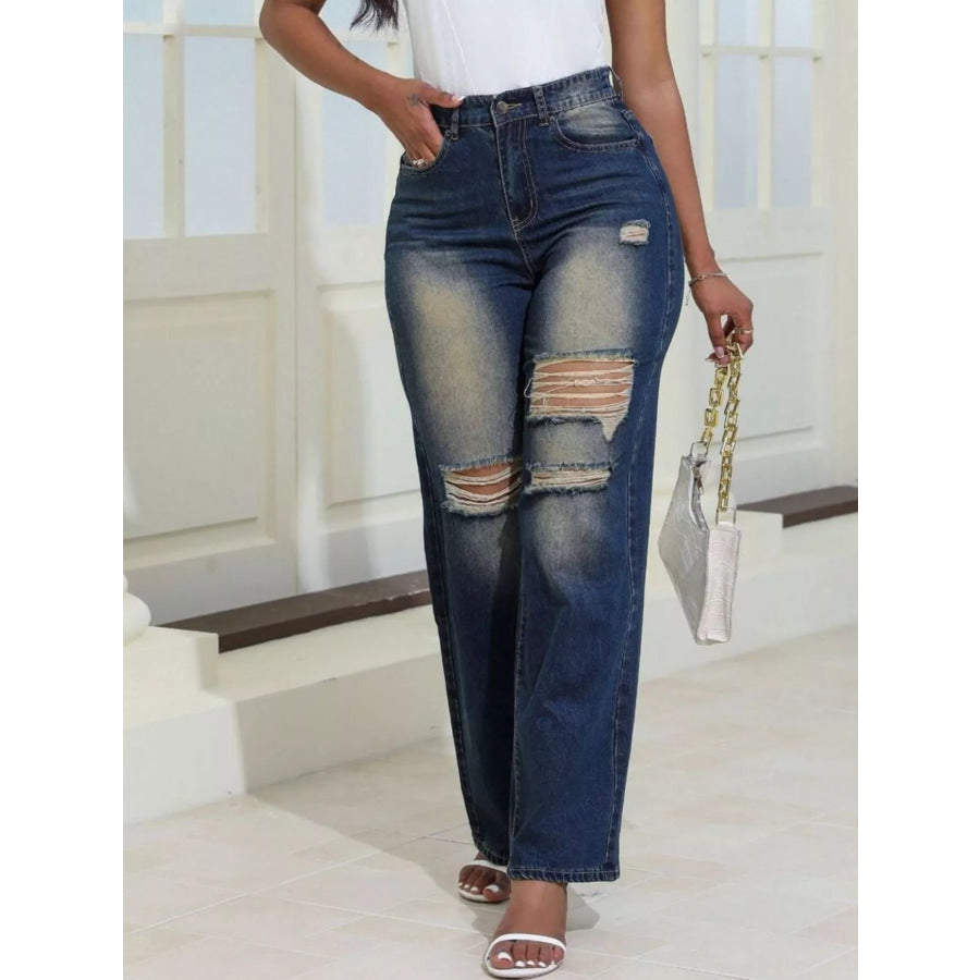 High-Waisted Distressed Wide-Leg Jeans Apparel and Accessories