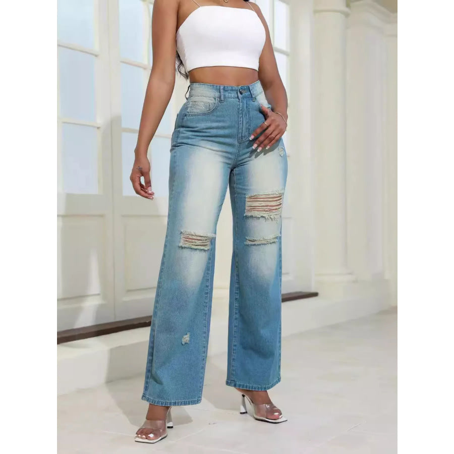 High-Waisted Distressed Wide-Leg Jeans Light Green / XS Apparel and Accessories