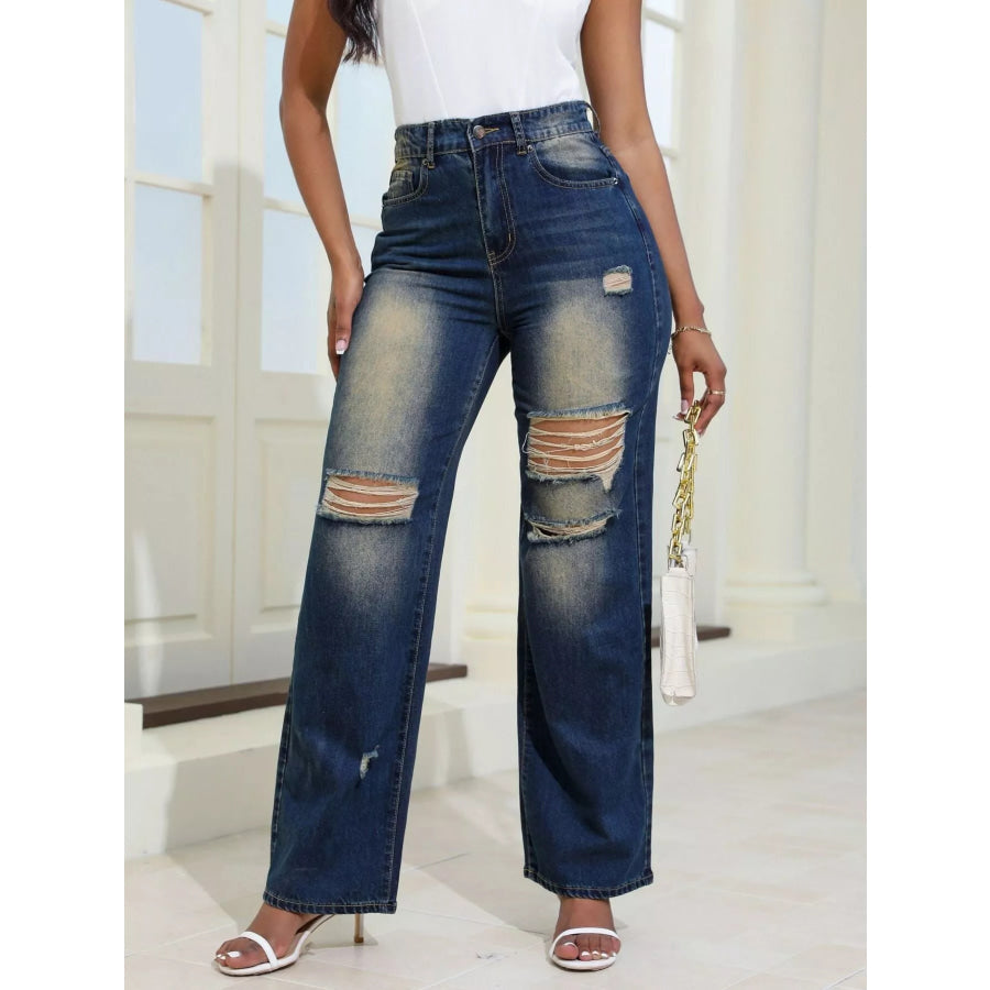 High-Waisted Distressed Wide-Leg Jeans Navy Blue / XS Apparel and Accessories