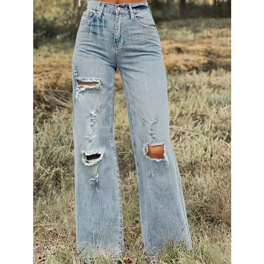High-Waisted Distressed Wide-Leg Jeans Peacock Blue / S Apparel and Accessories