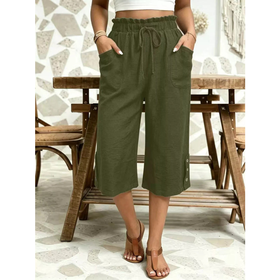 High-Waisted Drawstring Capris Army Green / S Apparel and Accessories